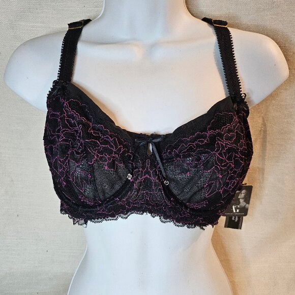 Ashley Graham Black & Purple Lace Bra - Size 38C - Picture 1 of 7